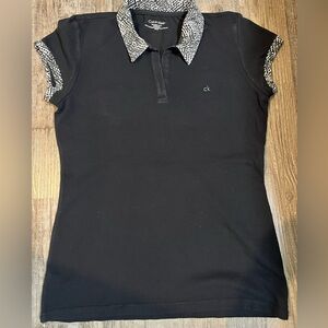 Calvin Klein Black Polo with Printed White/Gray Collar and Cuff Trim